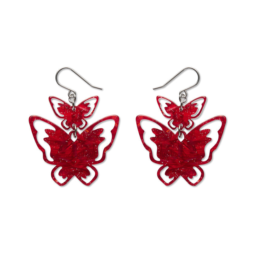 Double Butterfly Drop Earrings - Red
