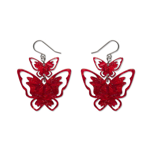 Double Butterfly Drop Earrings - Red