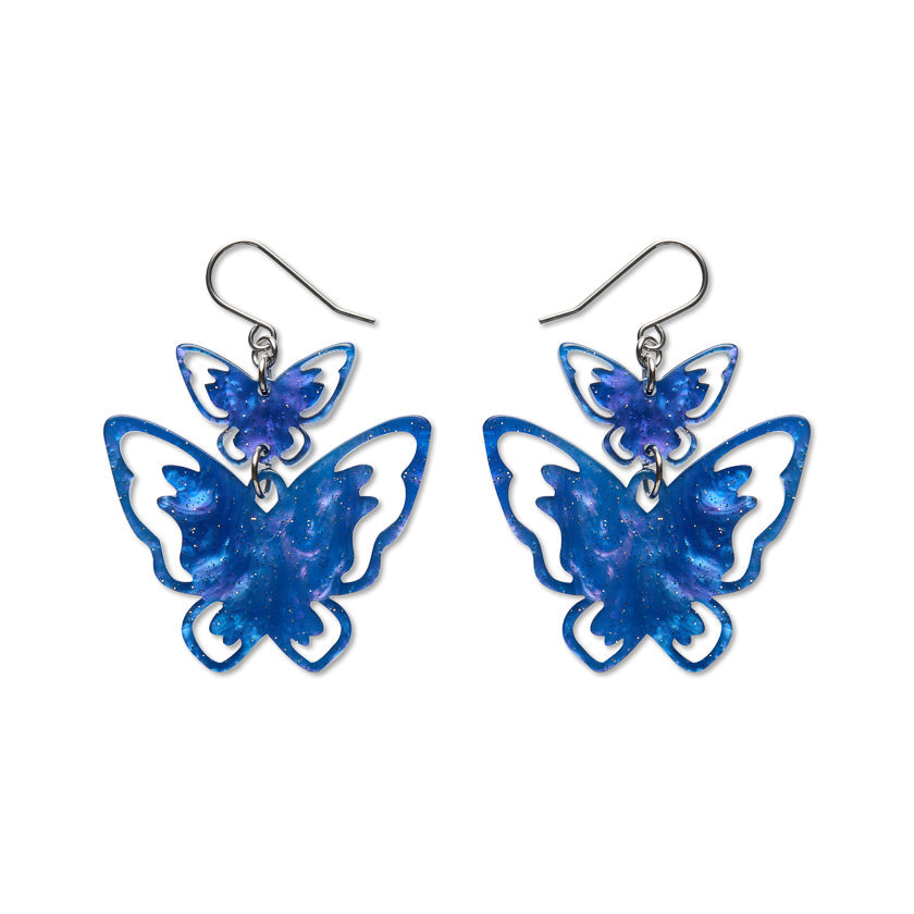 Double Butterfly Drop Earrings - Blue