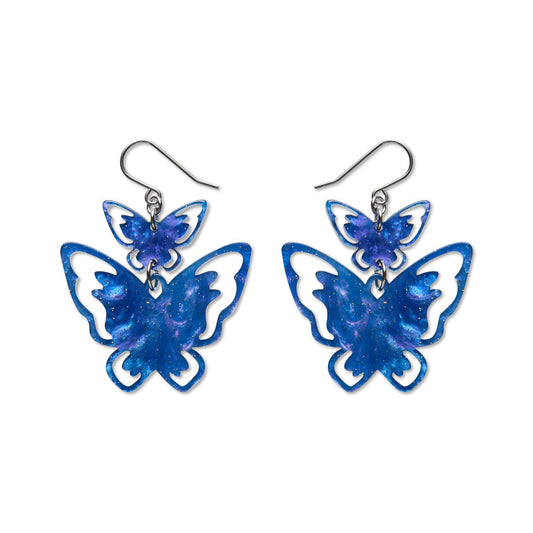 Double Butterfly Drop Earrings - Blue