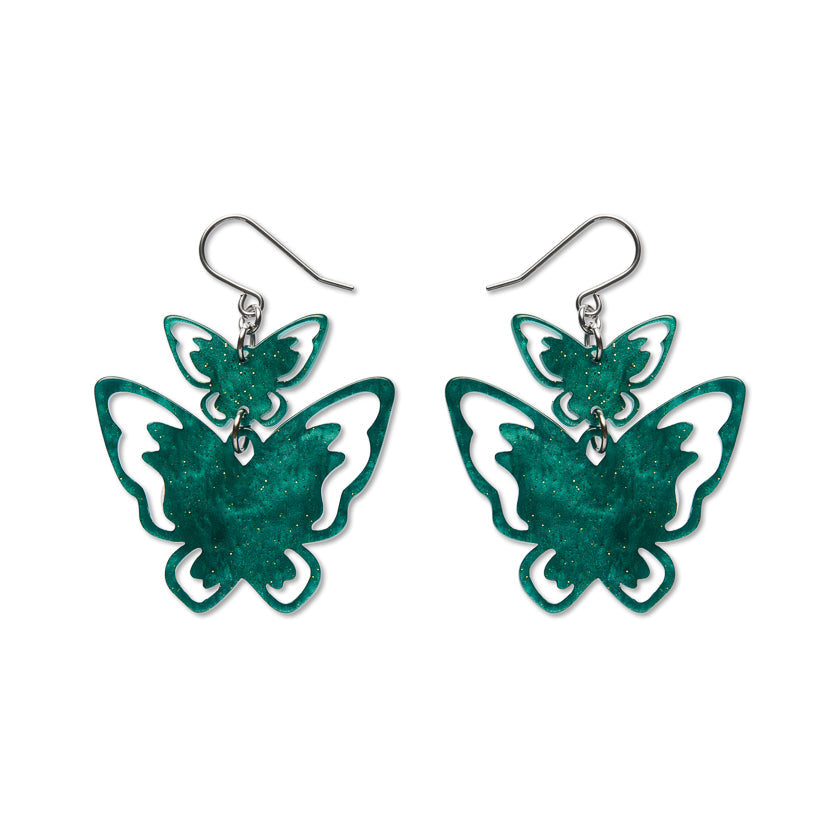 Double Butterfly Drop Earrings - Green