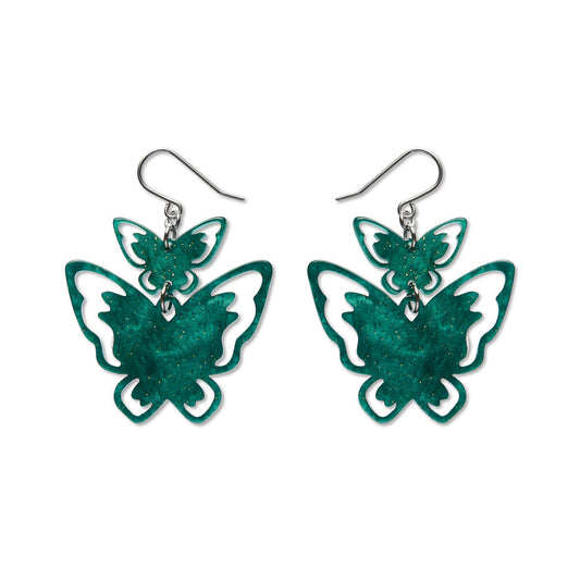 Double Butterfly Drop Earrings - Green