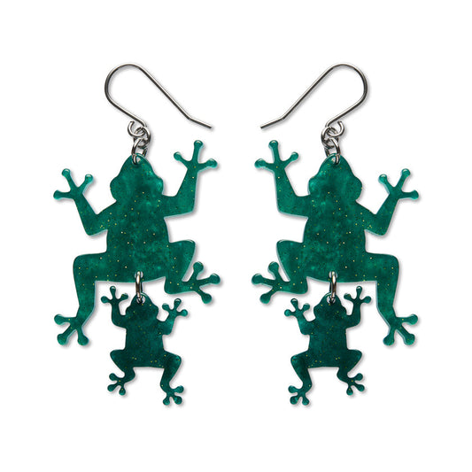 Double Frog Drop Earrings - Green
