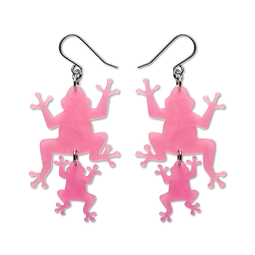Double Frog Drop Earrings - Pink