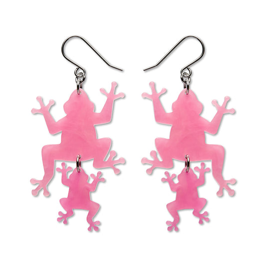 Double Frog Drop Earrings - Pink