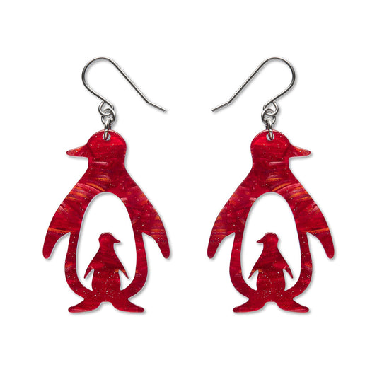 Double Penguin Drop Earrings - Red