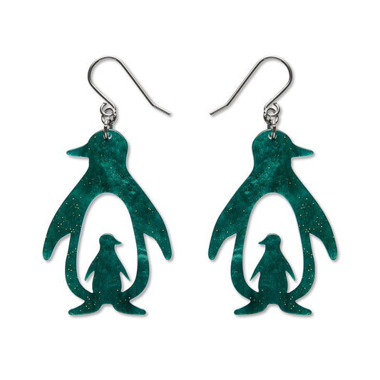 Double Penguin Drop Earrings - Green