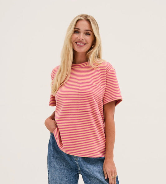 Ennis Stripe Super Soft T-Shirt with Pocket - Pink and Yellow