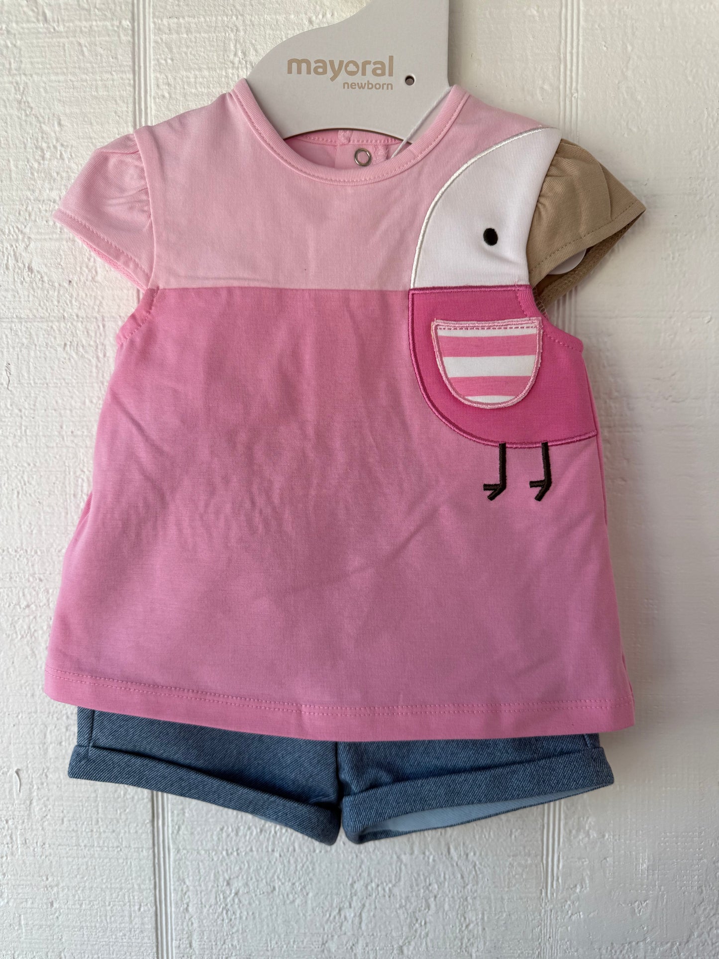 Pink Bird Top/Denim Short Set by Mayoral