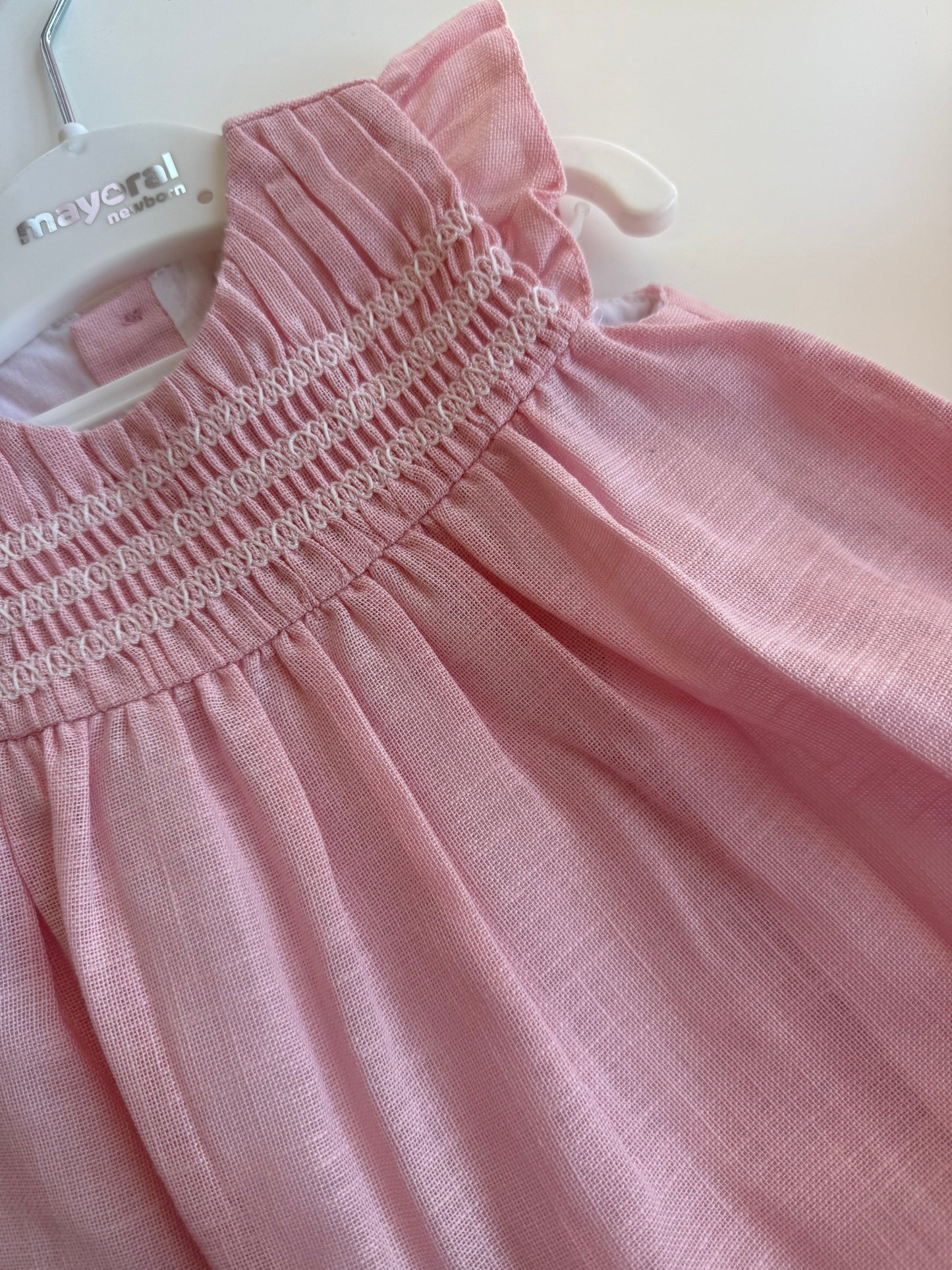Baby Rose Pink Smocked Linen Dress by Mayoral