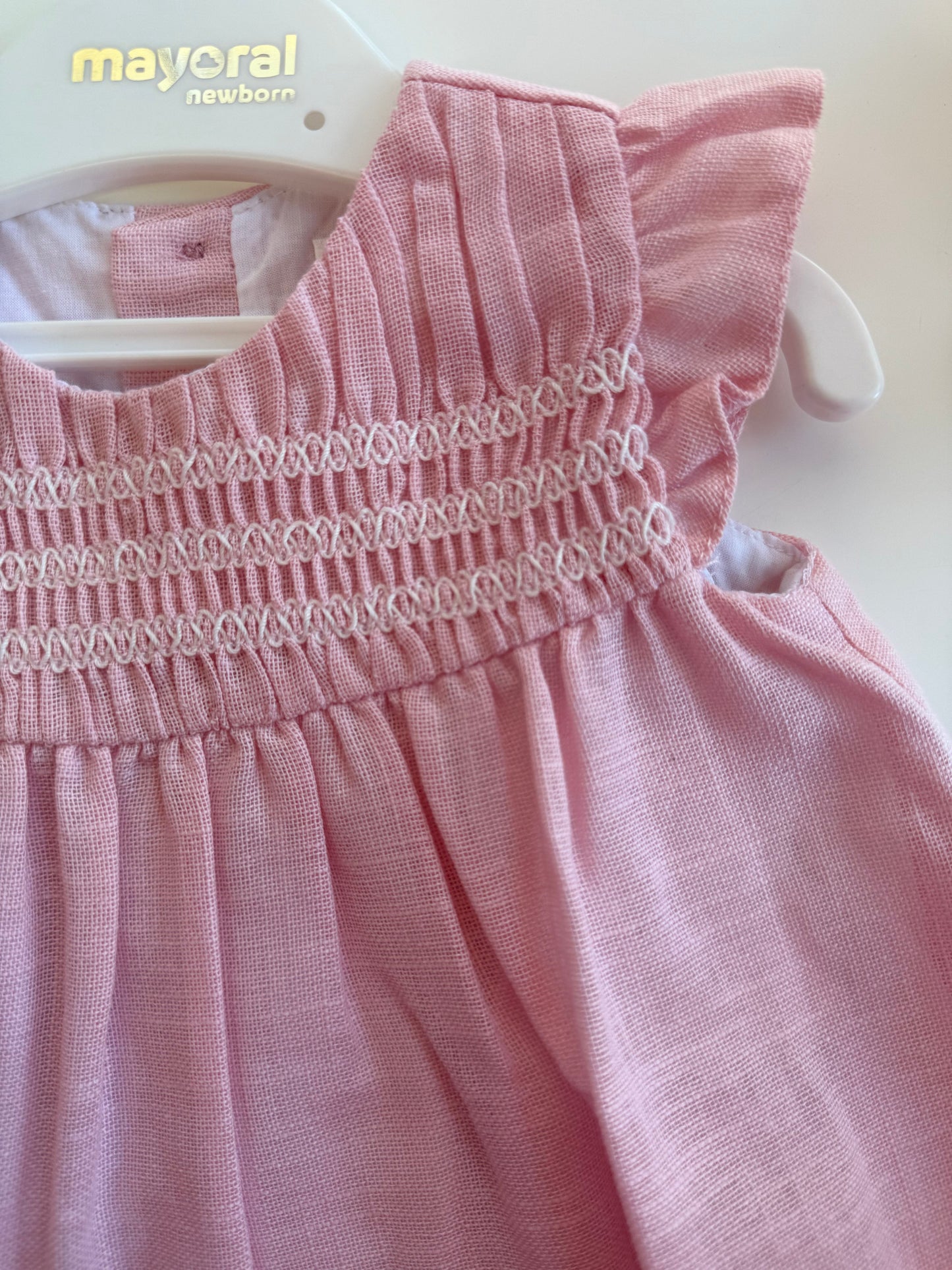 Baby Rose Pink Smocked Linen Dress by Mayoral