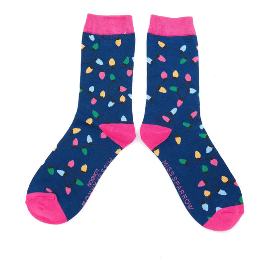 Christmas Lights Bamboo Socks Navy