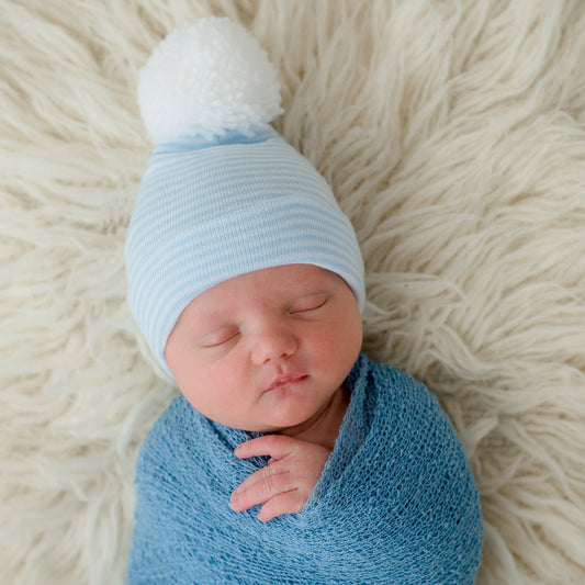 Blue/White Stripe With White Pom Pom Newborn Hospital Hat