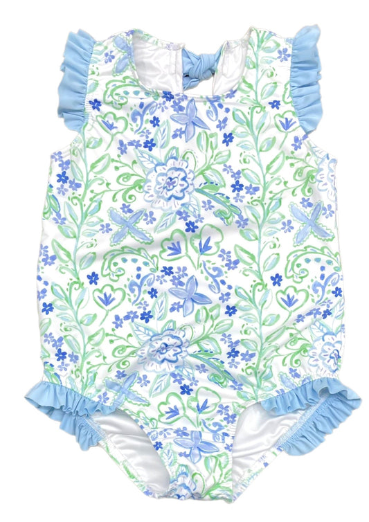 Audrey Blue Green Floral One Piece Swimsuit by James and Lottie