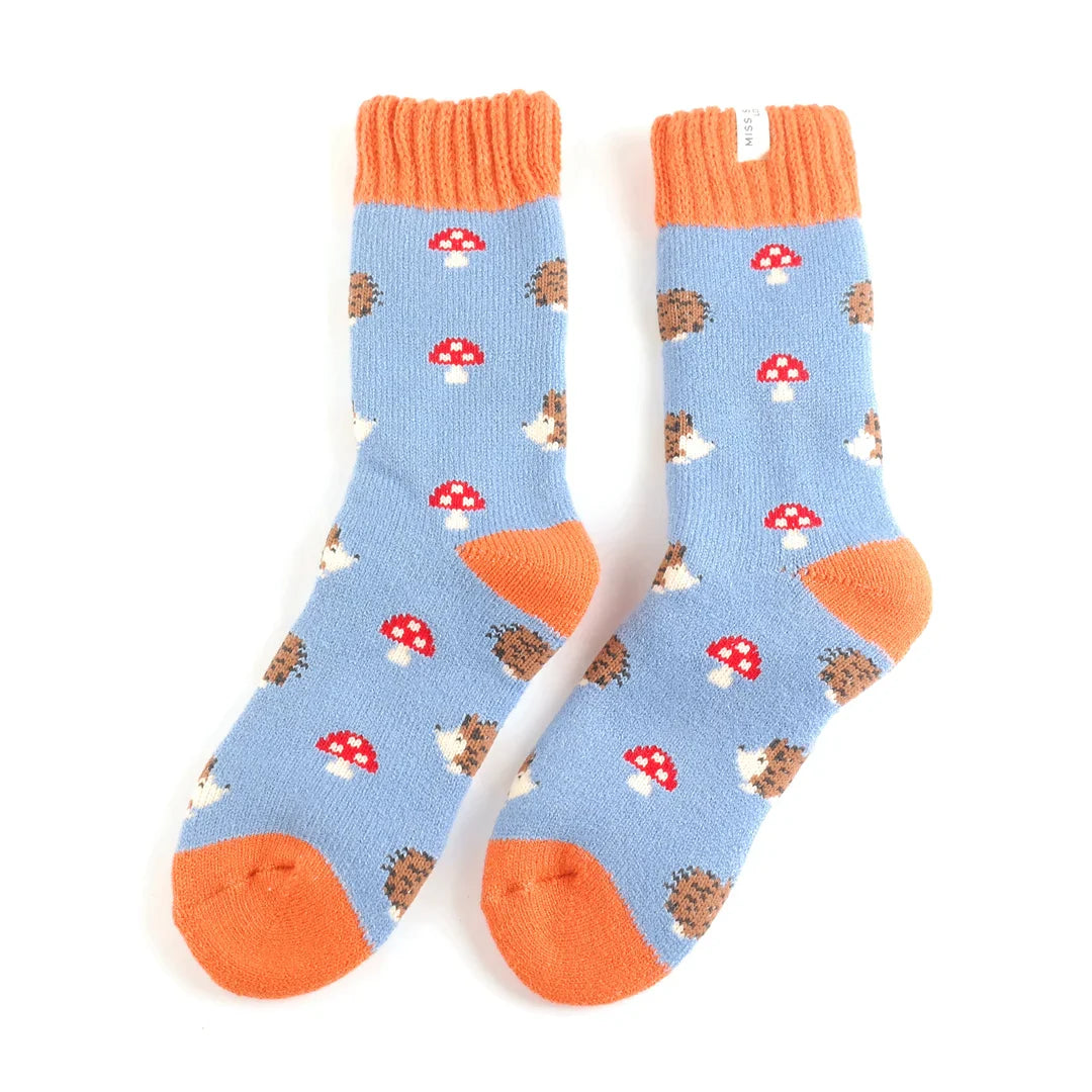 Hedehogs and Toadstools Winter Fluffy Socks Blue