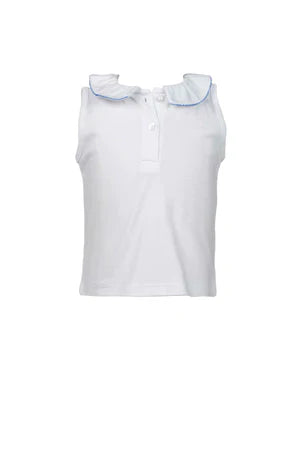 White Ruffle Peter Pan Shirt with Regatta Blue Trim by the Proper Peony