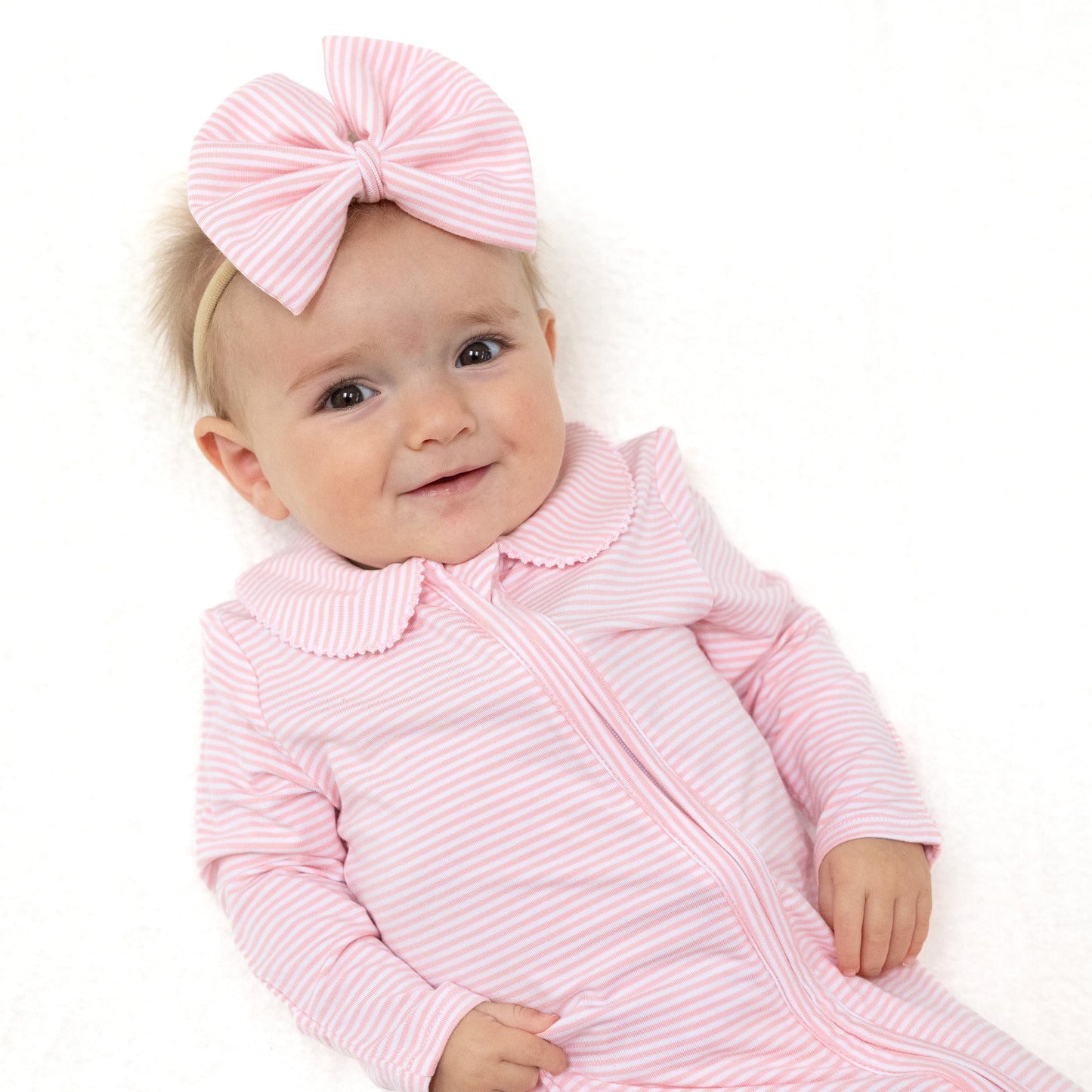 Pink Stripe Peter Pan Collar Zipper Footie by Angel Dear