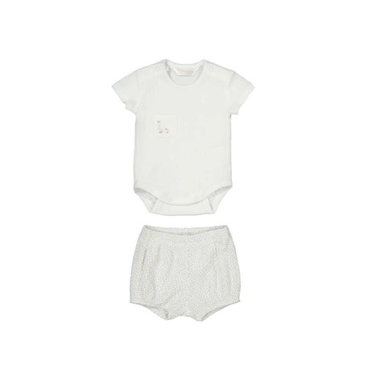 White Ribbed Onesie & Silver Dot Shorts by Mayoral