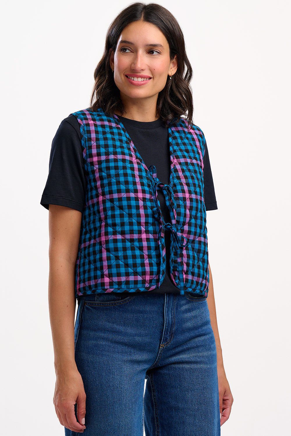 Vander Quilted Waistcoat - Black/Teal, Twilight Gingham