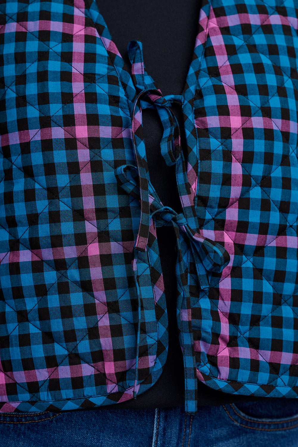 Vander Quilted Waistcoat - Black/Teal, Twilight Gingham