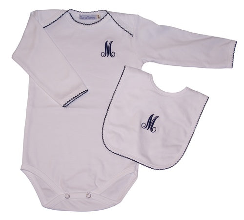 Personalized Long Sleeve Bodysuit with Navy Picot Trim (and Optional Matching Bib)