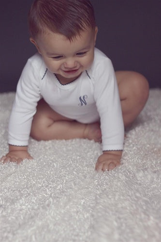 Personalized Long Sleeve Bodysuit with Navy Picot Trim (and Optional Matching Bib)
