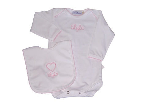 Personalized Long Sleeve Bodysuit with Pink Picot Trim (and Optional Matching Bib)