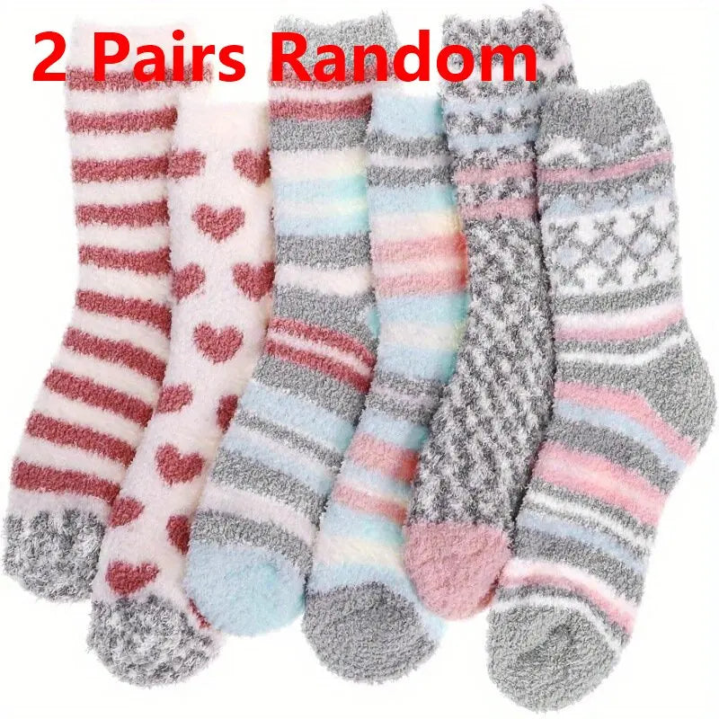 2/6 Pair Autumn Winter Coral Velvet Socks Sweet Cute Colorful Striped Love Heart Thick Keep Warm Socks Lovely Home Floor Sleep Socks
