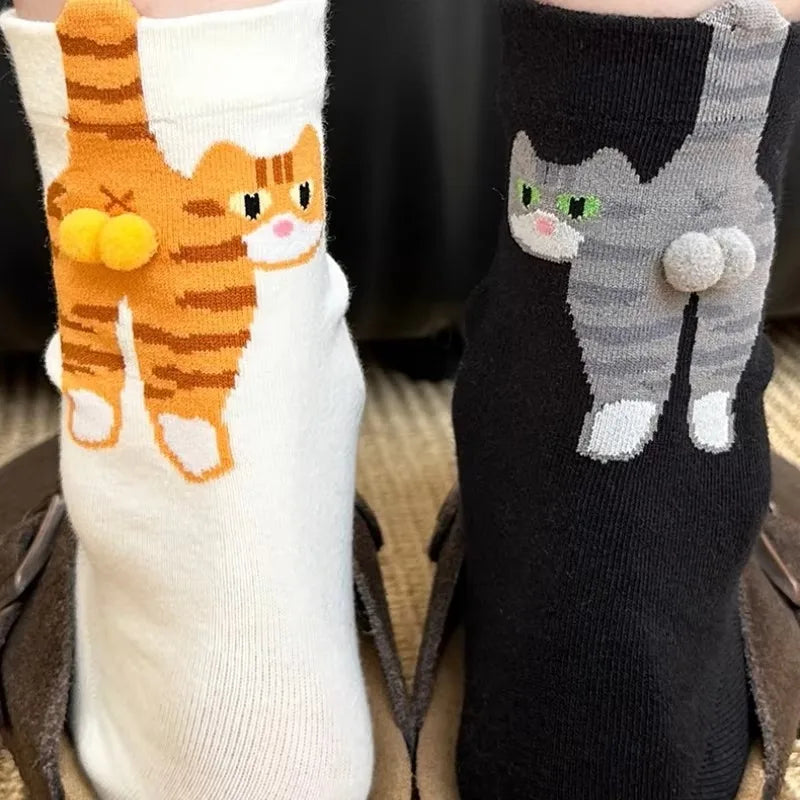 Women's Cute Funny Cat Ins Korean Mid-tube Socks Three-dimensional Ball Creative Socks Gift for Cat Lovers Soft Cotton Socks