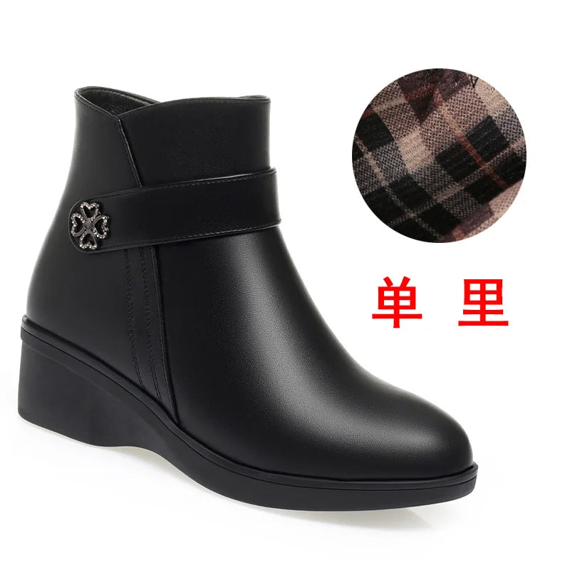 Autumn Winter New High-heeled Short Boots Pure Black Pointed Toe Leather Boots  Wedges Concise Metal Decoration Lucky Symbol