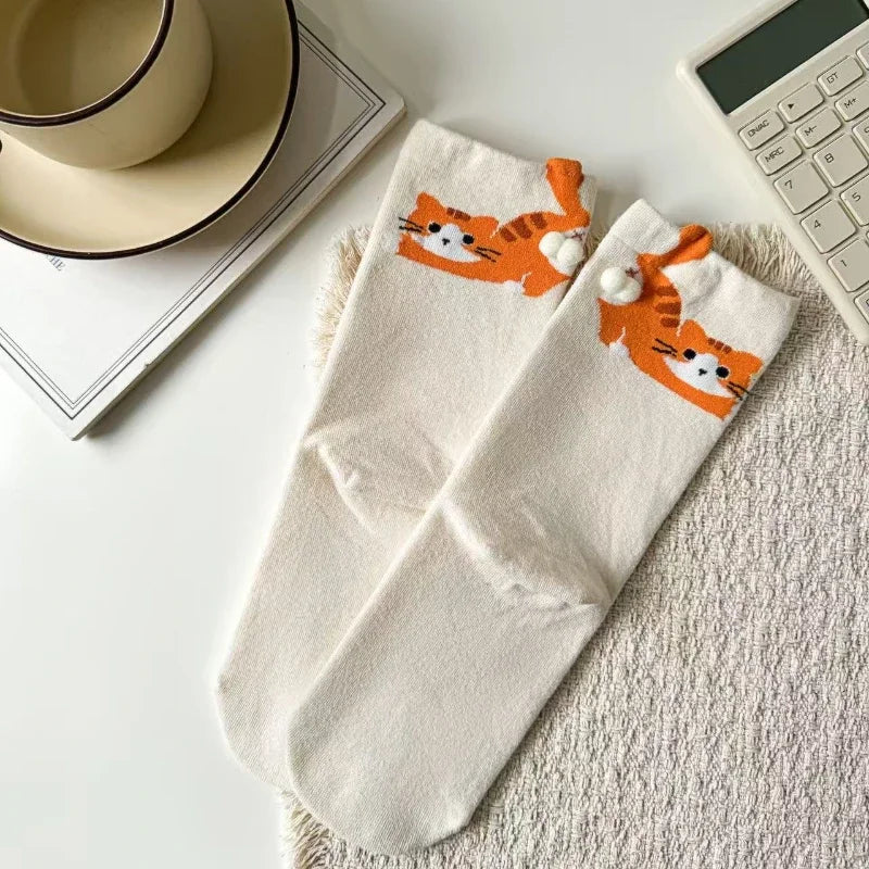 Women's Cute Funny Cat Ins Korean Mid-tube Socks Three-dimensional Ball Creative Socks Gift for Cat Lovers Soft Cotton Socks