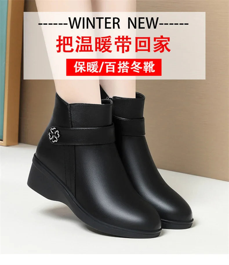 Autumn Winter New High-heeled Short Boots Pure Black Pointed Toe Leather Boots  Wedges Concise Metal Decoration Lucky Symbol