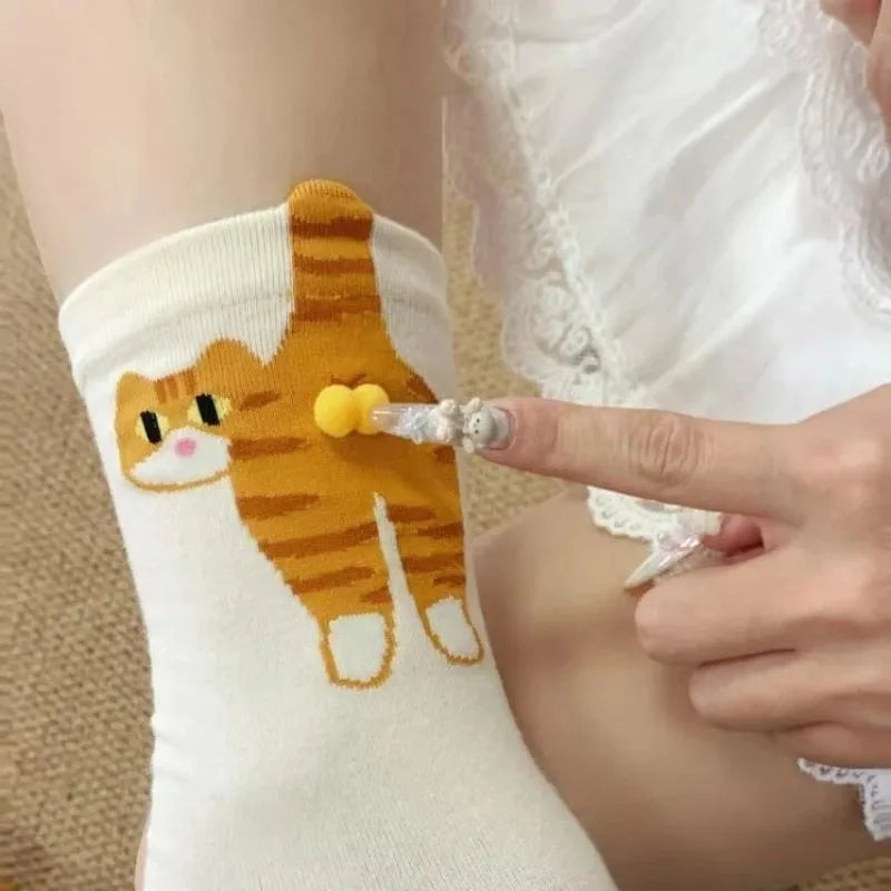 Women's Cute Funny Cat Ins Korean Mid-tube Socks Three-dimensional Ball Creative Socks Gift for Cat Lovers Soft Cotton Socks