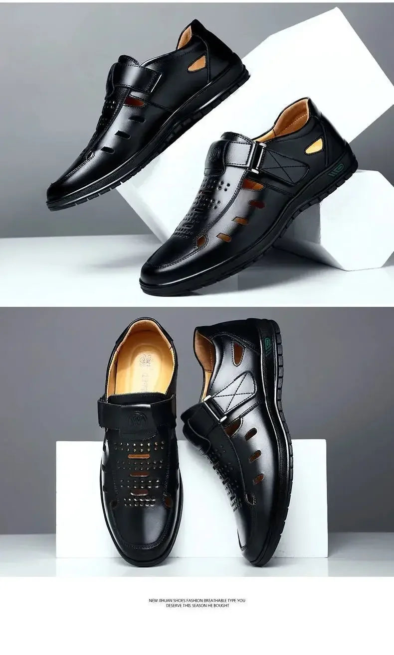 Men Sandal Summer Hollow Non-slip Casual Pu Leather Sandals for Men Fashion Lighted Breathable Beach Slippers Classic Dad Sandal