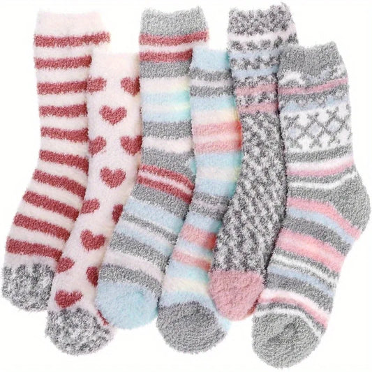 2/6 Pair Autumn Winter Coral Velvet Socks Sweet Cute Colorful Striped Love Heart Thick Keep Warm Socks Lovely Home Floor Sleep Socks