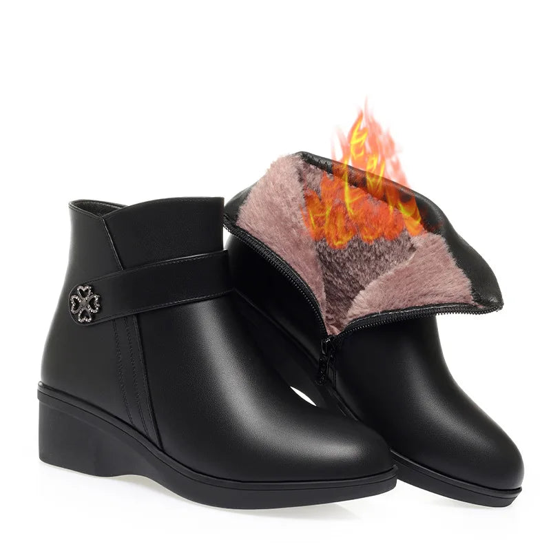 Autumn Winter New High-heeled Short Boots Pure Black Pointed Toe Leather Boots  Wedges Concise Metal Decoration Lucky Symbol