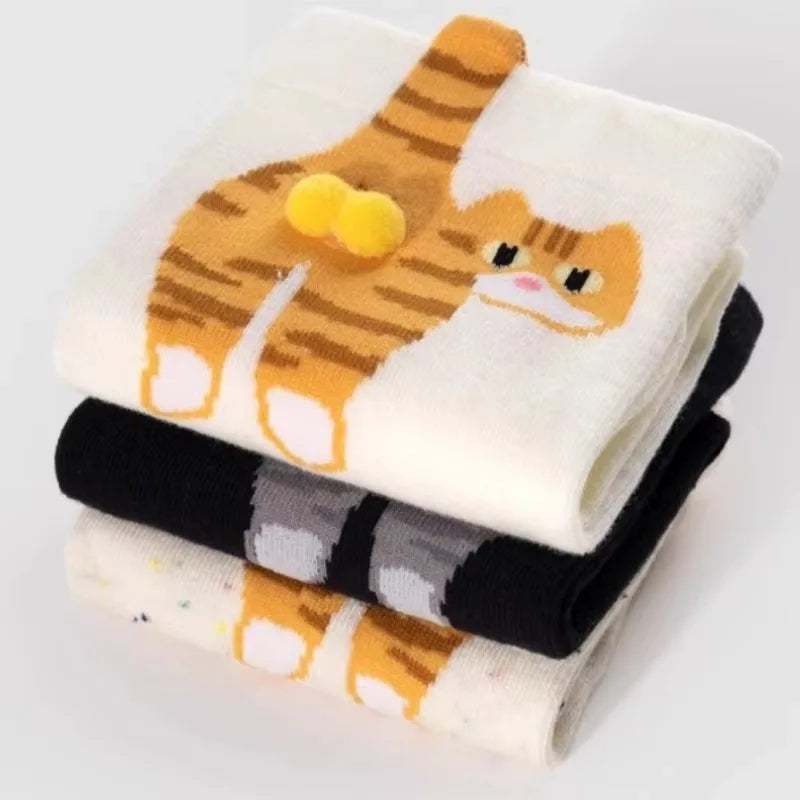 Women's Cute Funny Cat Ins Korean Mid-tube Socks Three-dimensional Ball Creative Socks Gift for Cat Lovers Soft Cotton Socks