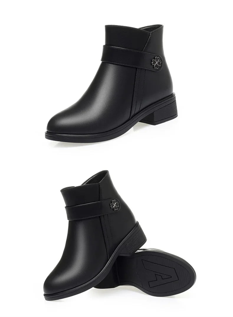 Autumn Winter New High-heeled Short Boots Pure Black Pointed Toe Leather Boots  Wedges Concise Metal Decoration Lucky Symbol