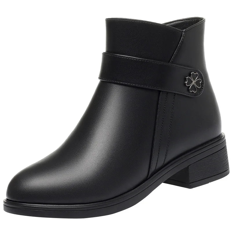 Autumn Winter New High-heeled Short Boots Pure Black Pointed Toe Leather Boots  Wedges Concise Metal Decoration Lucky Symbol