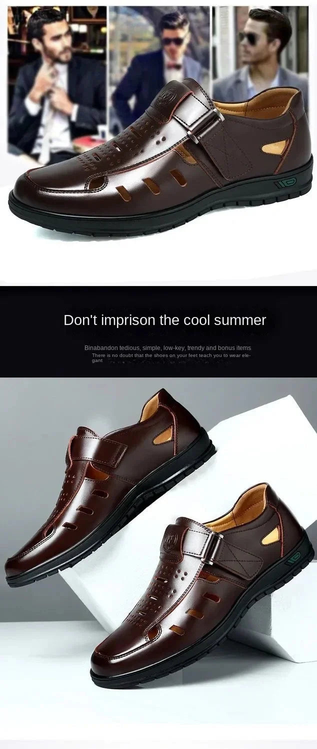 Men Sandal Summer Hollow Non-slip Casual Pu Leather Sandals for Men Fashion Lighted Breathable Beach Slippers Classic Dad Sandal