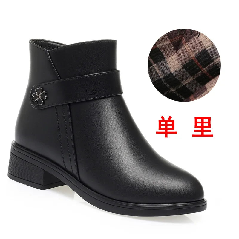 Autumn Winter New High-heeled Short Boots Pure Black Pointed Toe Leather Boots  Wedges Concise Metal Decoration Lucky Symbol