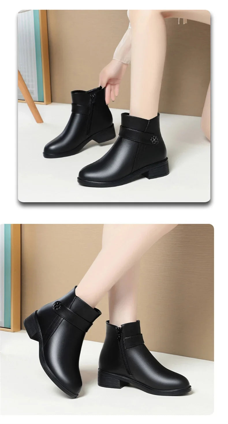 Autumn Winter New High-heeled Short Boots Pure Black Pointed Toe Leather Boots  Wedges Concise Metal Decoration Lucky Symbol