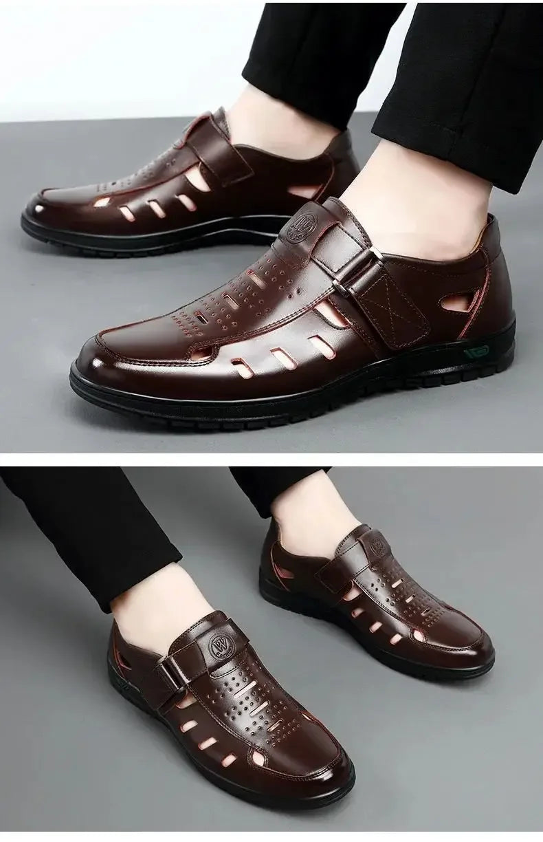 Men Sandal Summer Hollow Non-slip Casual Pu Leather Sandals for Men Fashion Lighted Breathable Beach Slippers Classic Dad Sandal