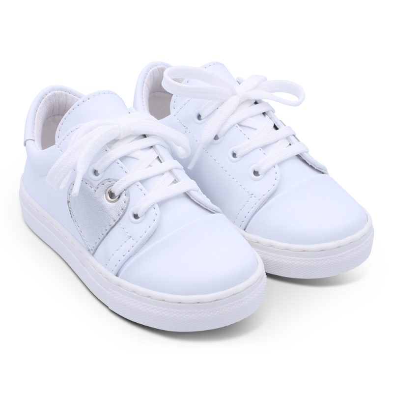'Santina' Girls White Leather with Silver Trainers