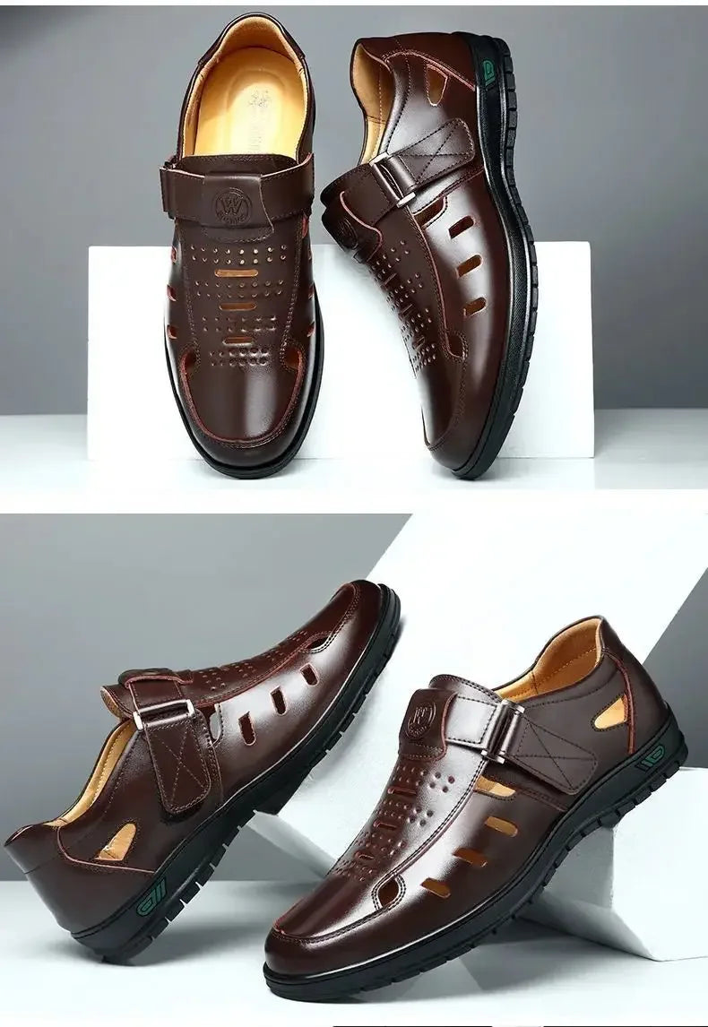 Men Sandal Summer Hollow Non-slip Casual Pu Leather Sandals for Men Fashion Lighted Breathable Beach Slippers Classic Dad Sandal