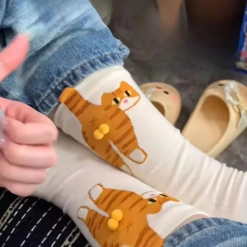 Women's Cute Funny Cat Ins Korean Mid-tube Socks Three-dimensional Ball Creative Socks Gift for Cat Lovers Soft Cotton Socks