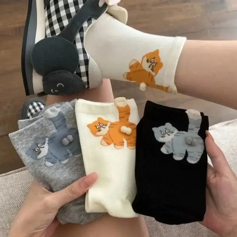 Women's Cute Funny Cat Ins Korean Mid-tube Socks Three-dimensional Ball Creative Socks Gift for Cat Lovers Soft Cotton Socks