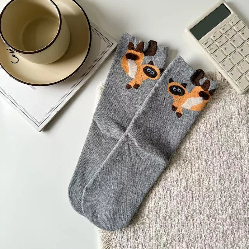 Women's Cute Funny Cat Ins Korean Mid-tube Socks Three-dimensional Ball Creative Socks Gift for Cat Lovers Soft Cotton Socks