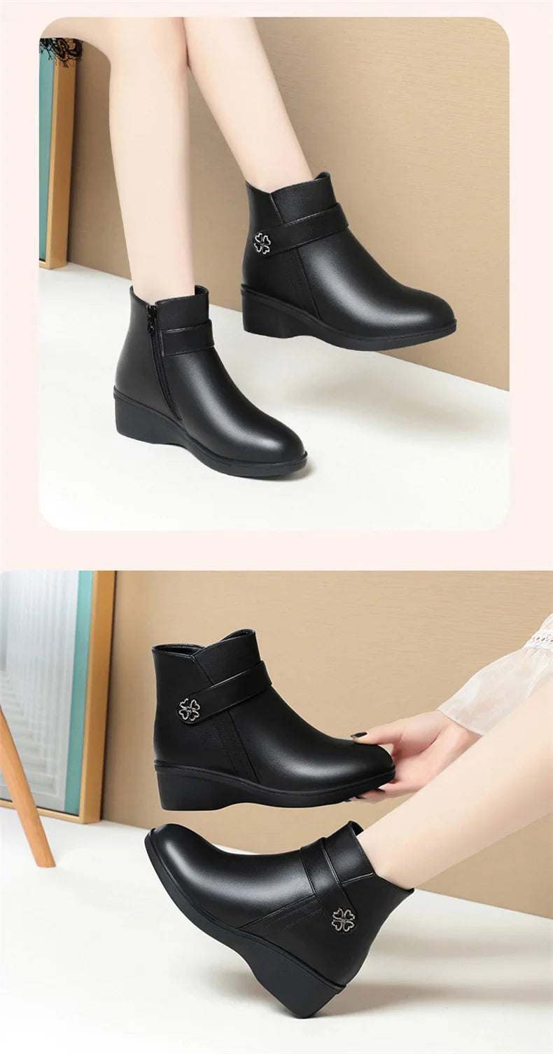 Autumn Winter New High-heeled Short Boots Pure Black Pointed Toe Leather Boots  Wedges Concise Metal Decoration Lucky Symbol