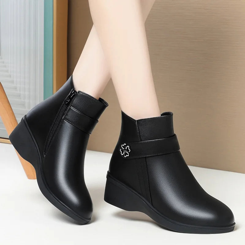 Autumn Winter New High-heeled Short Boots Pure Black Pointed Toe Leather Boots  Wedges Concise Metal Decoration Lucky Symbol